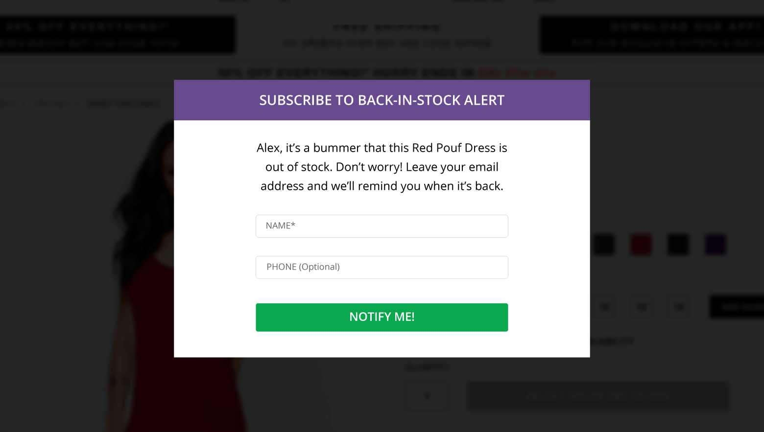 Back-in-Stock subscription Alert Example