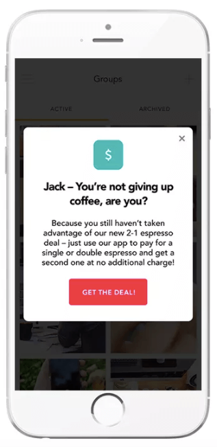 personalized in-app notification from a coffee vendor to user