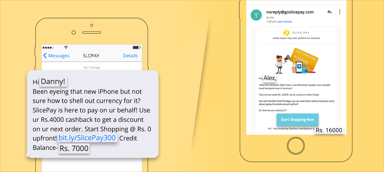 personalised email and SMS example to initiate transaction