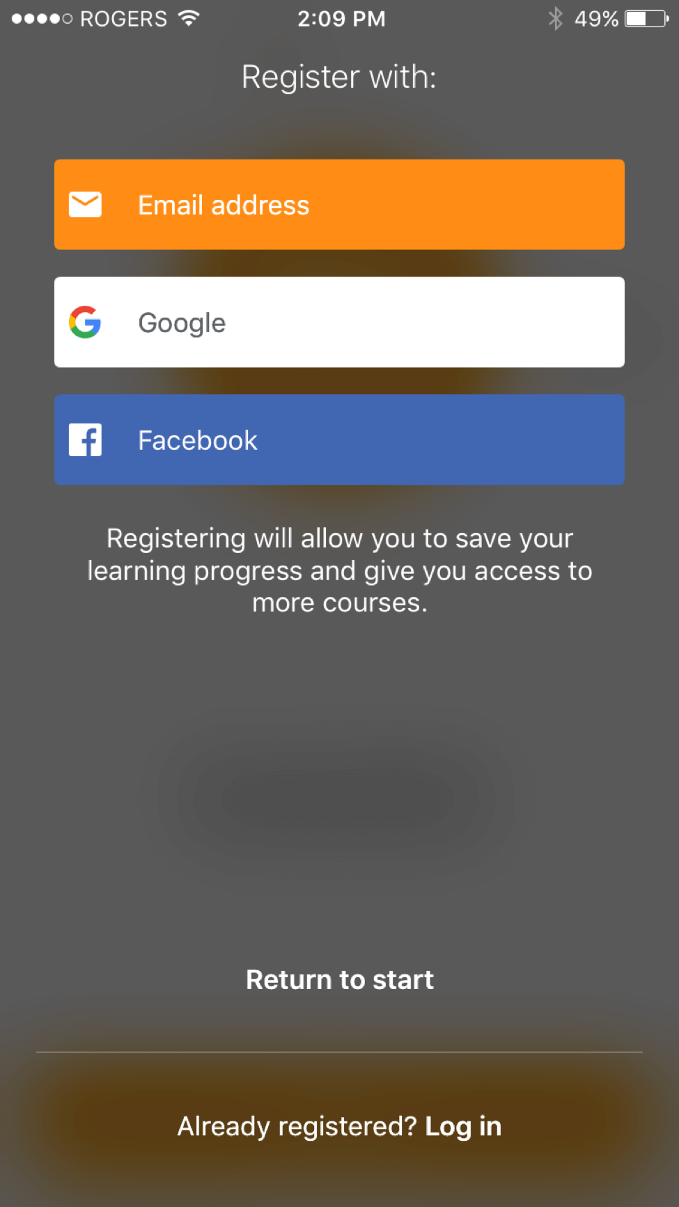 register with email-gmail Facebook option for on-boarding