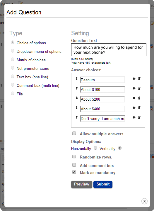 Adding a question to a page (we support all types) Adding a question to a page (we support all types)