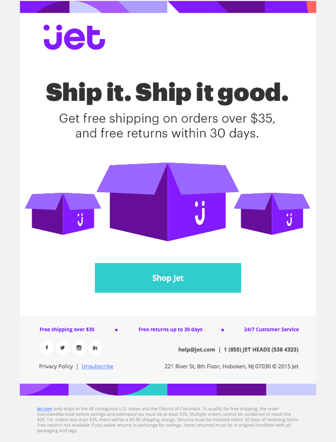 Jet's email with a big blue-green button