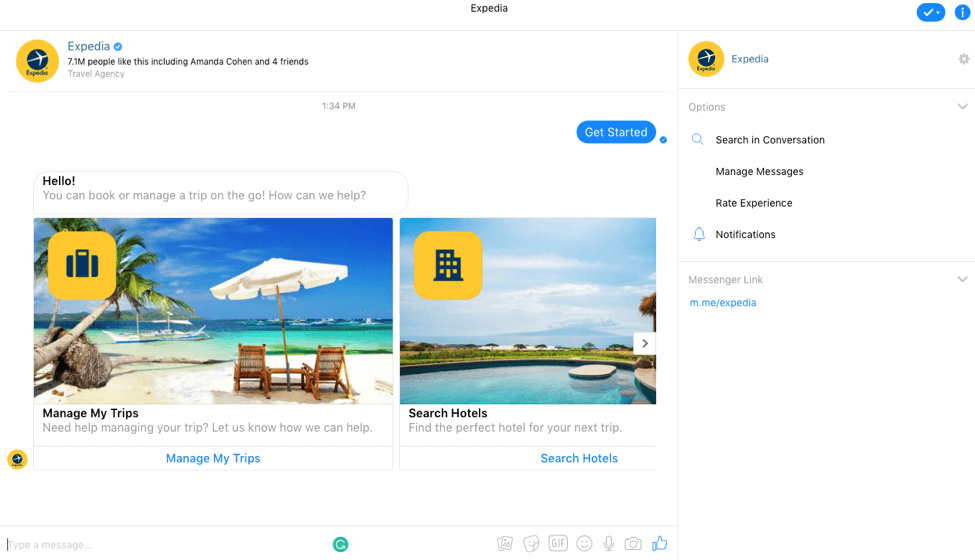 Expedia on Facebook messenger