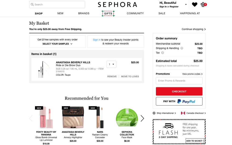 sephora website personalization message