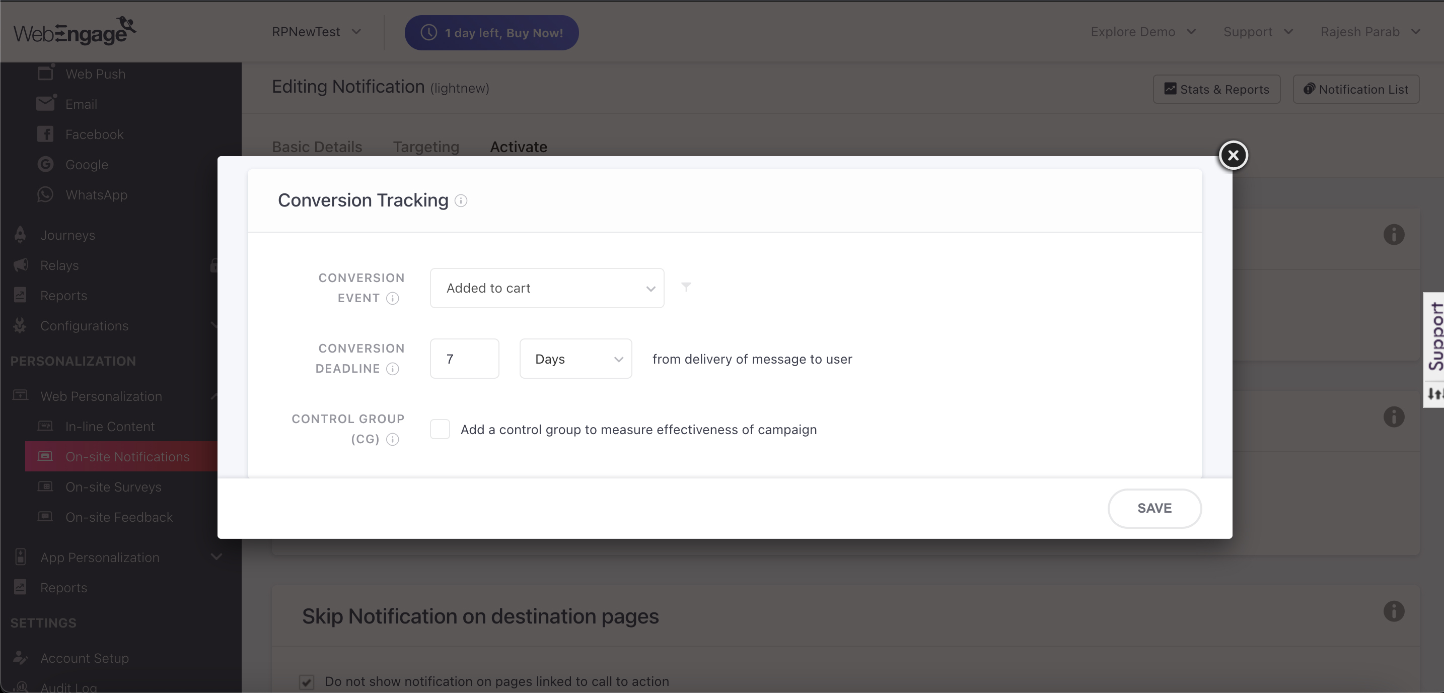 New conversion tracking UI for On-site notifications like the others
