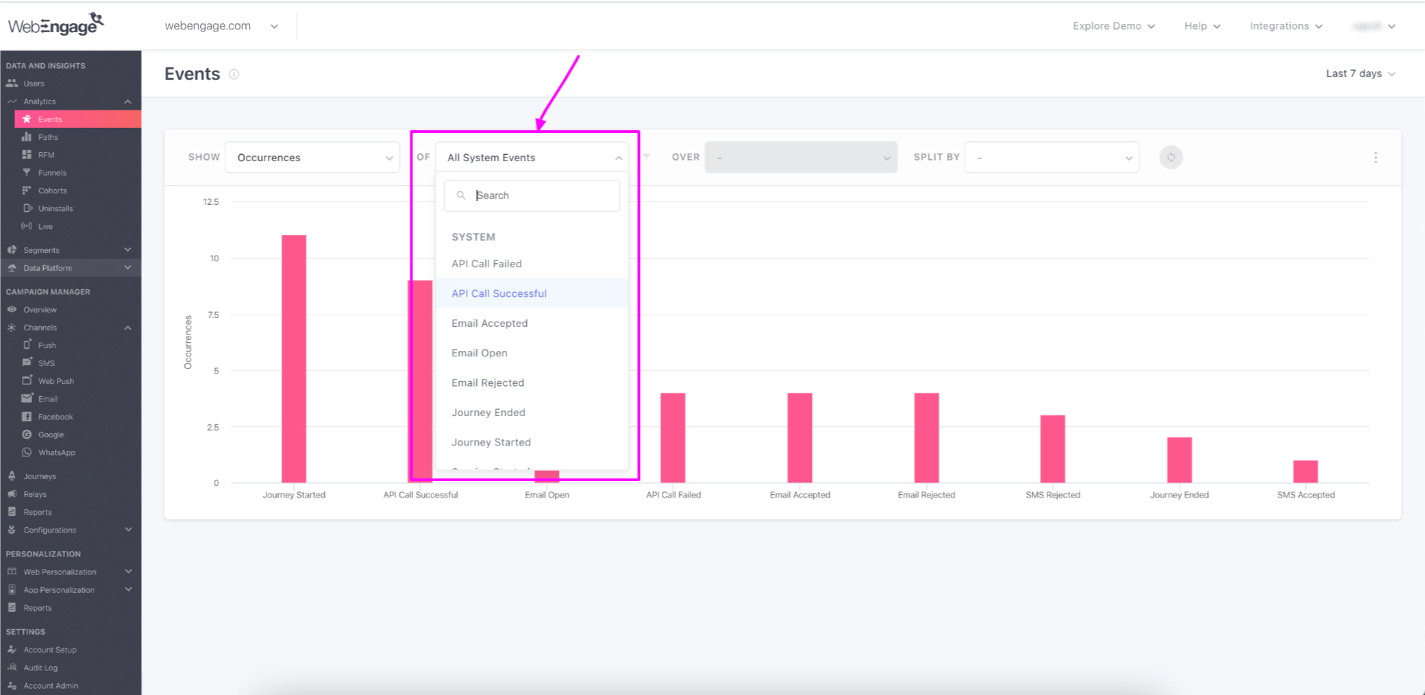 The event analytics shows API call status now tracked under system events