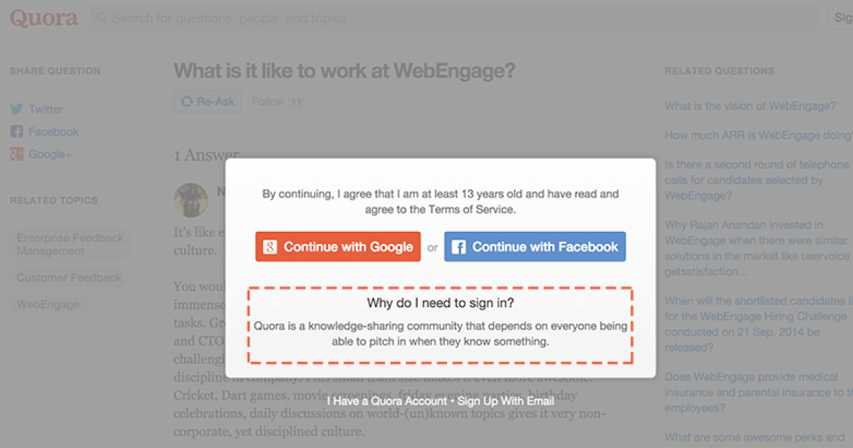 Quora Login sign in pop-up
