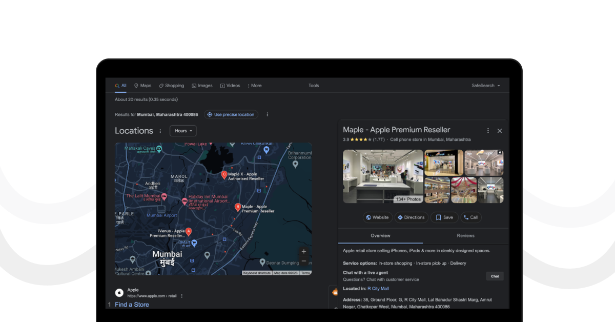 A Google search result of an Apple reseller.